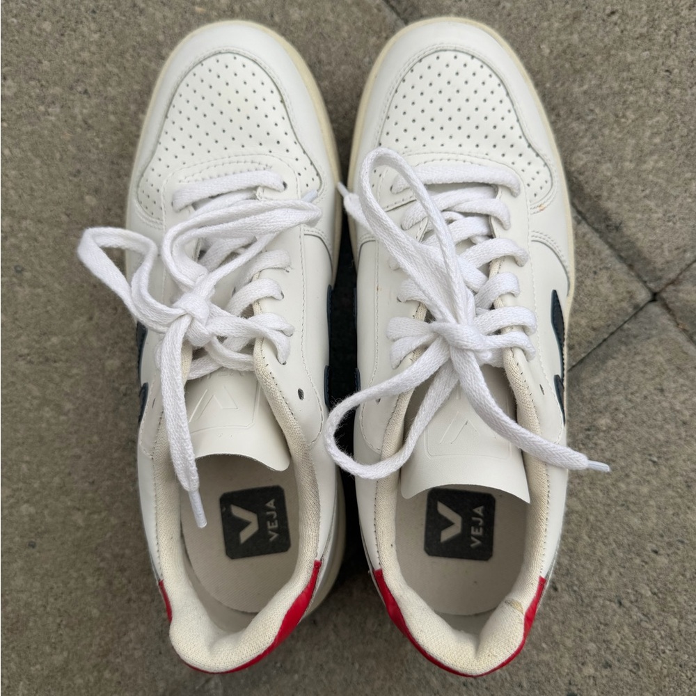 Veja White Leather Sneakers with Navy V and Red Heel Tab - Picture 6 of 10